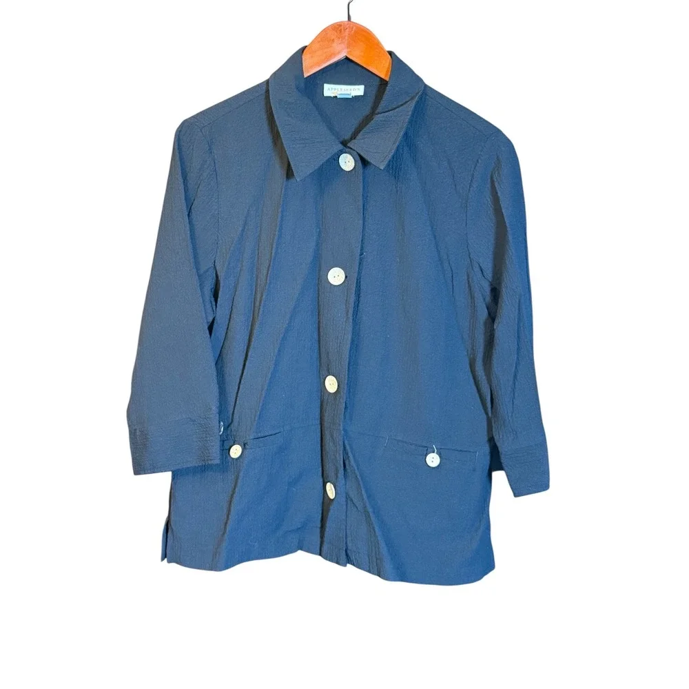 Appleseed's Petites Button-Up Jacket Top Women's PL Black 3/4 Sleeve‎ Textured